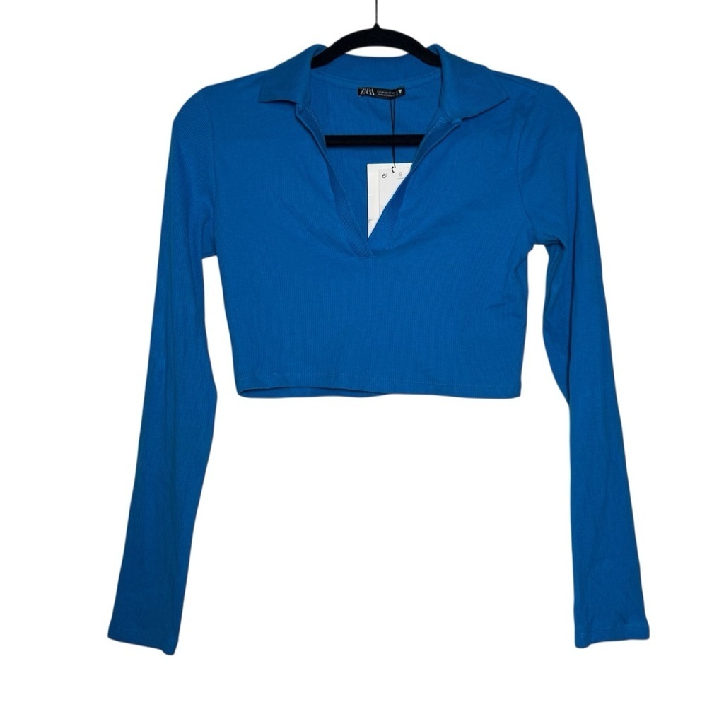 Zara Long Sleeve Collared V-Neck Crop Top Royal Blue Size Medium NWT